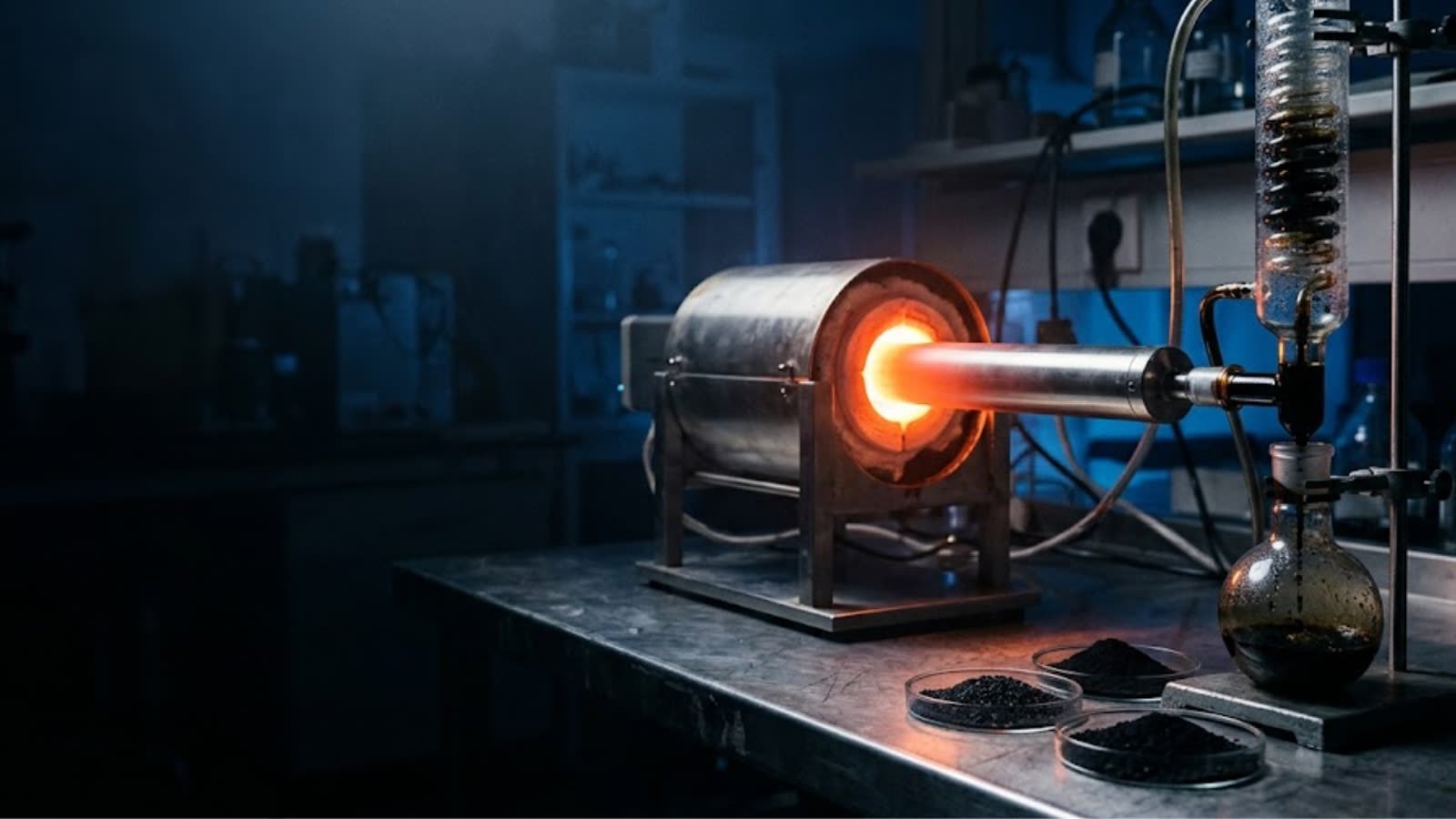 Reator de pirólise de bancada com forno tubular aceso e amostras de biochar